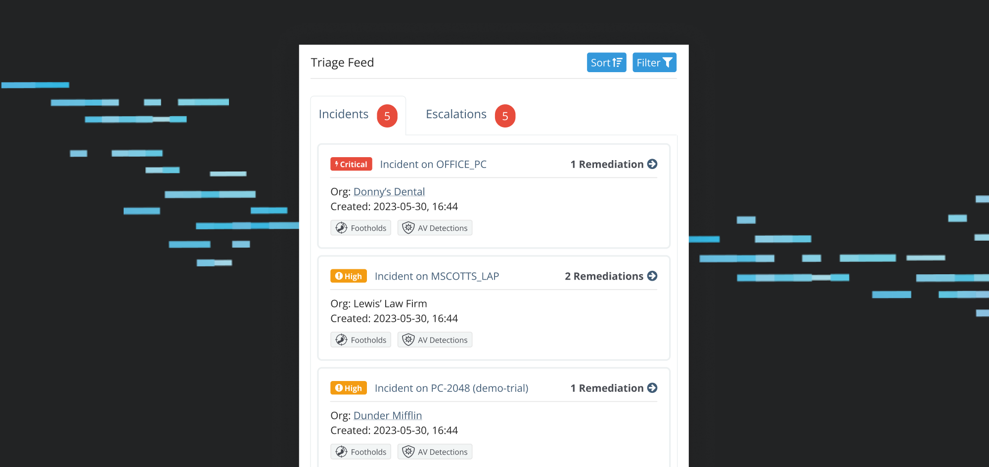 Triage Feed with the Incidents tab selected, showing a list of all incidents and key details