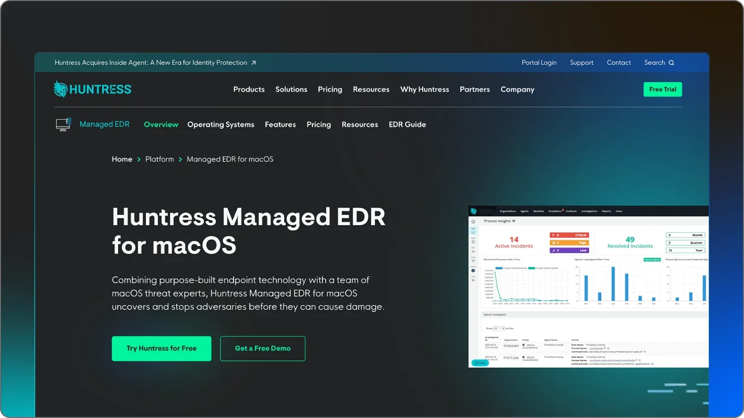 A screenshot of the landing page for Huntress Managed EDR