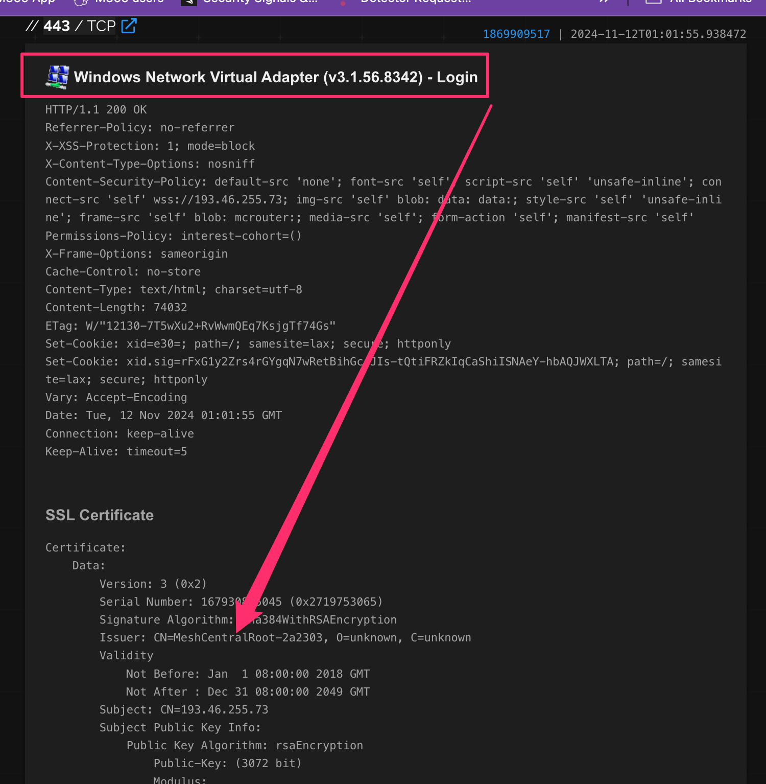 Login for masquerading MeshAgent Remote Access Server  
