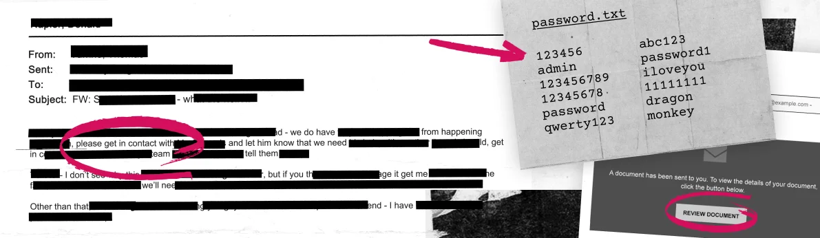 Image of a redacted email with pink marker highlighting certain elements