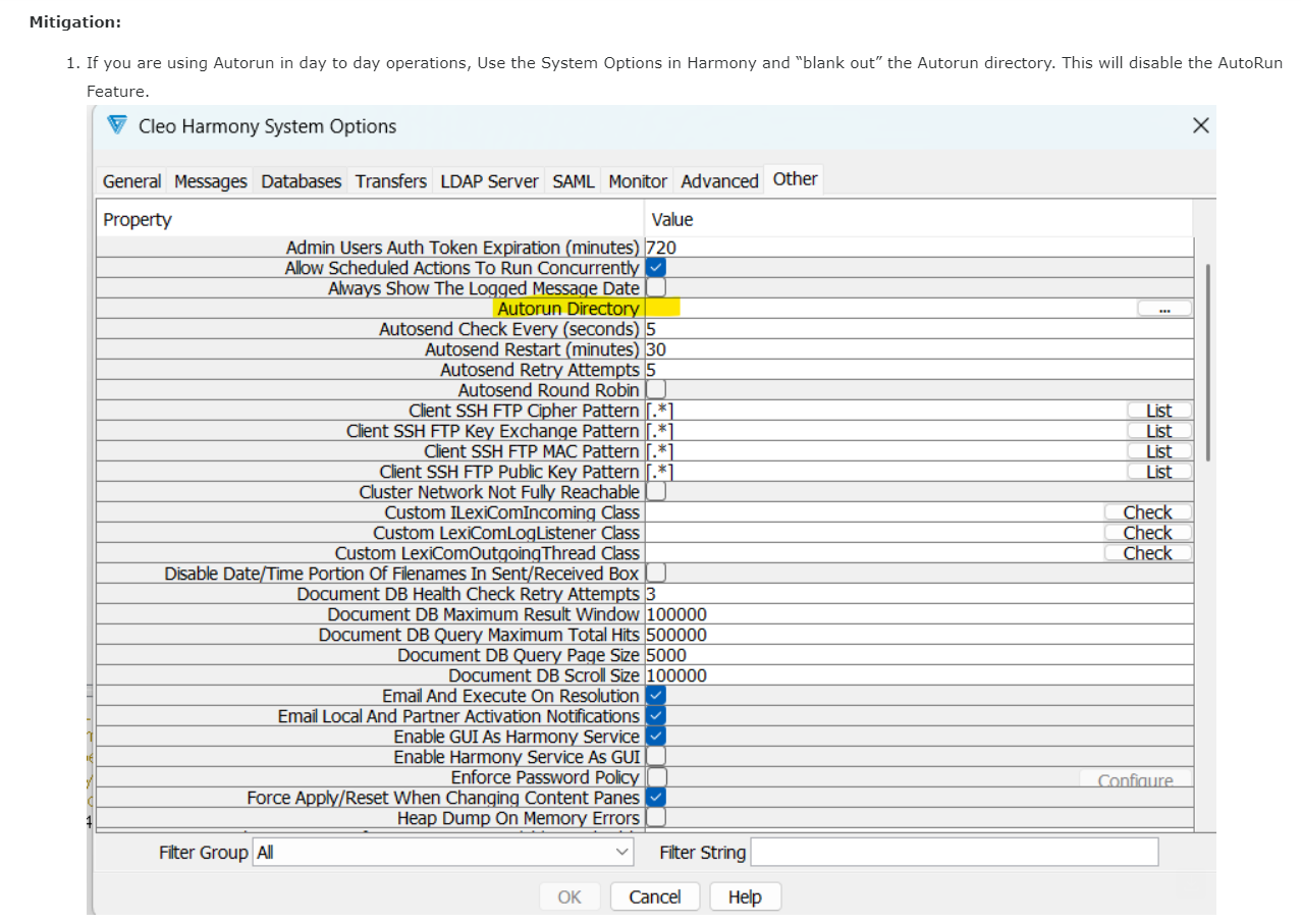 Figure 4: Cleo Harmony System Options showing the Autorun Directory option 