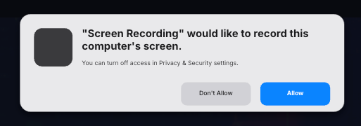 Prompt sent from the signed, renamed capture agent to allow screen sharing permissions: Note the blank app icon (Source : Huntress).