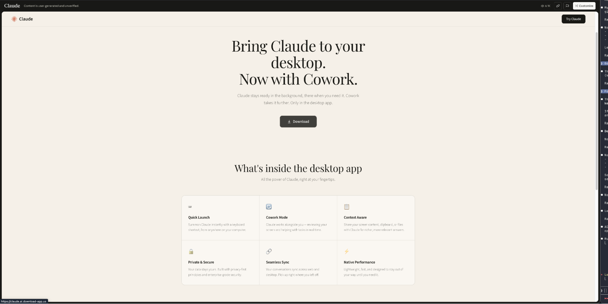 
Claude Desktop/Cowork phishing page hosted as a Claude artifact (Source : Huntress).