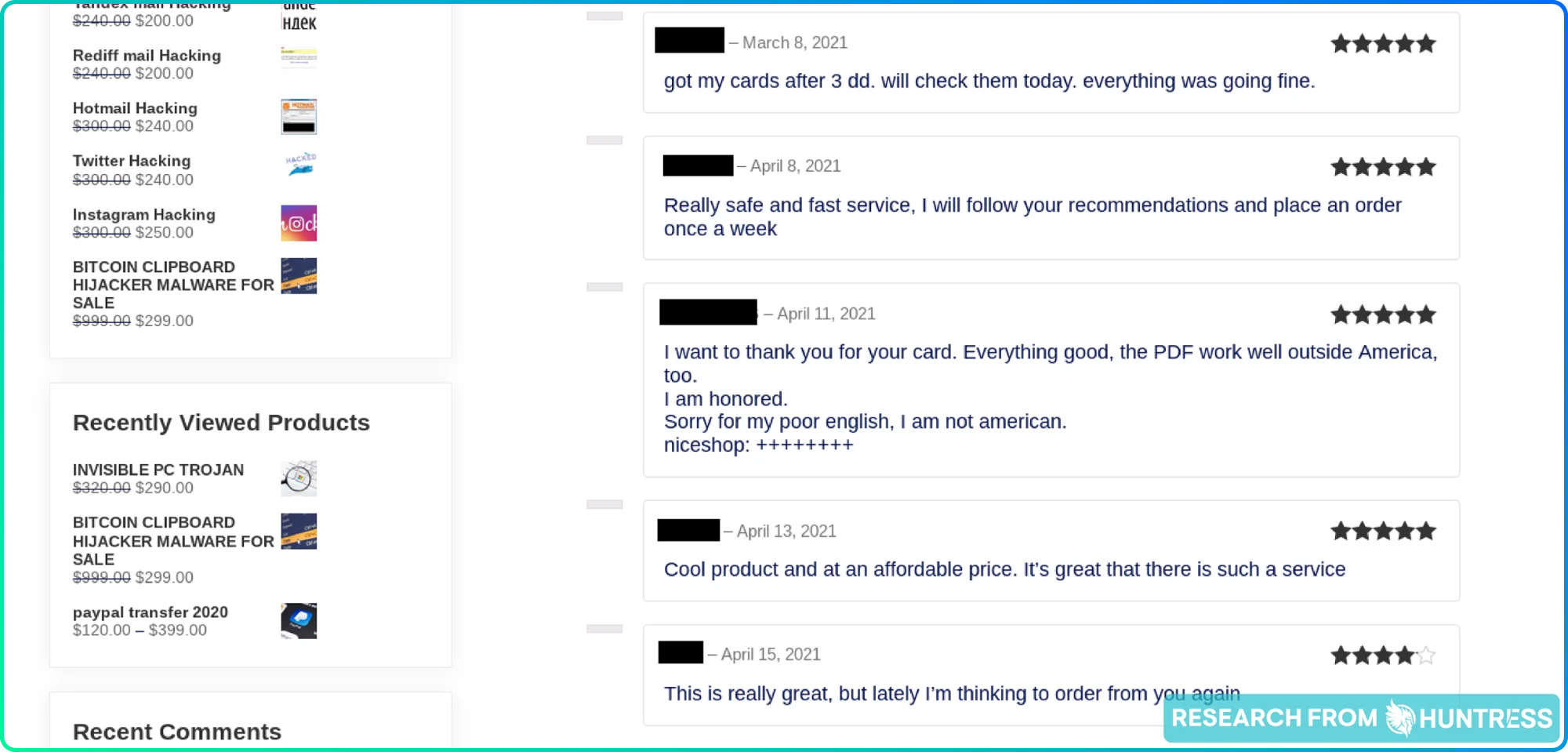 Dark web customer reviews screenshot