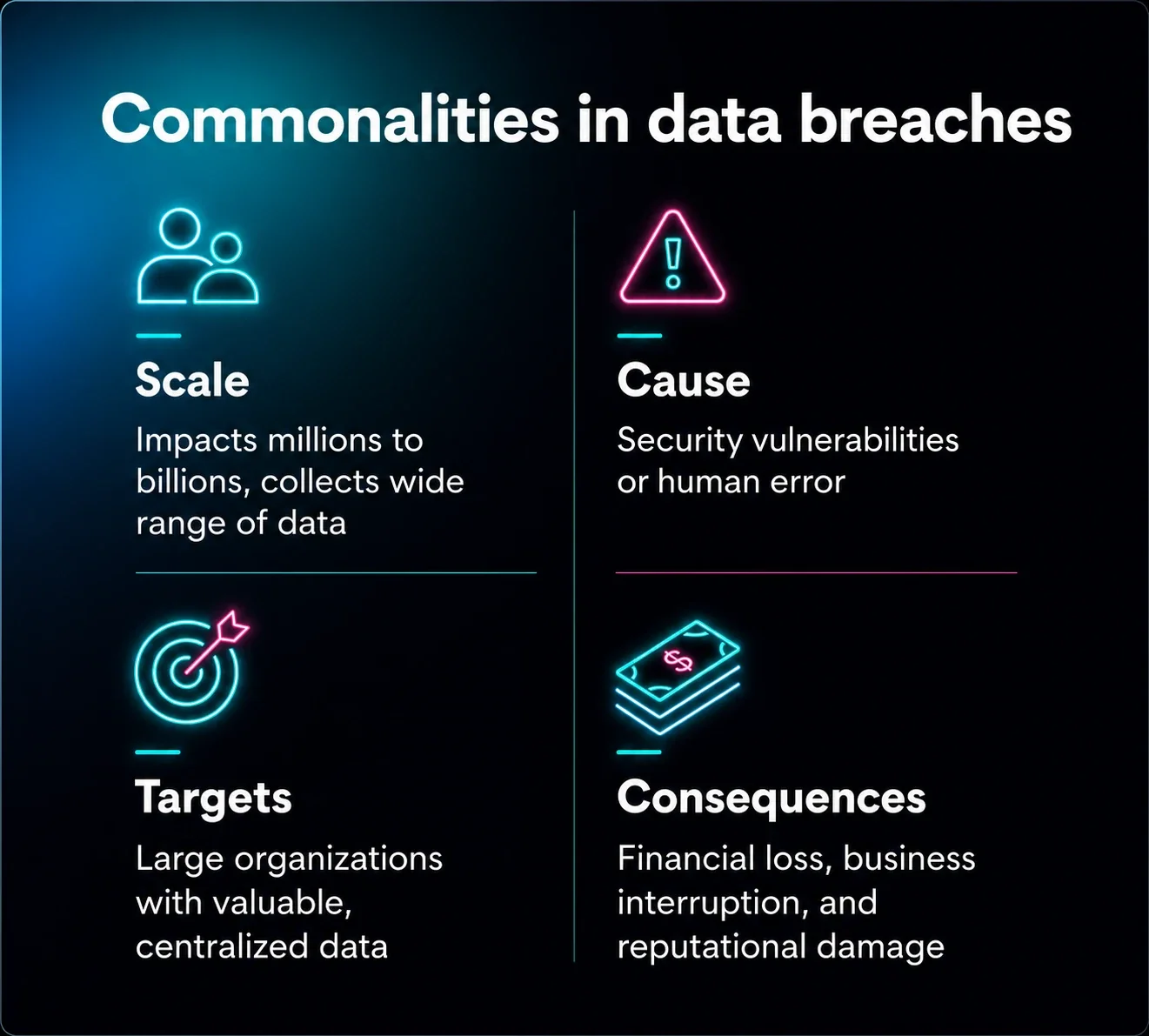Things that large data breaches have in common, including scale, cause, targets, and consequences.