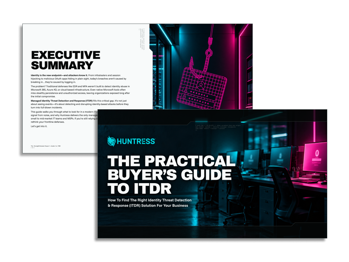 Cover and executive summary spread of the Huntress buyer’s guide to ITDR