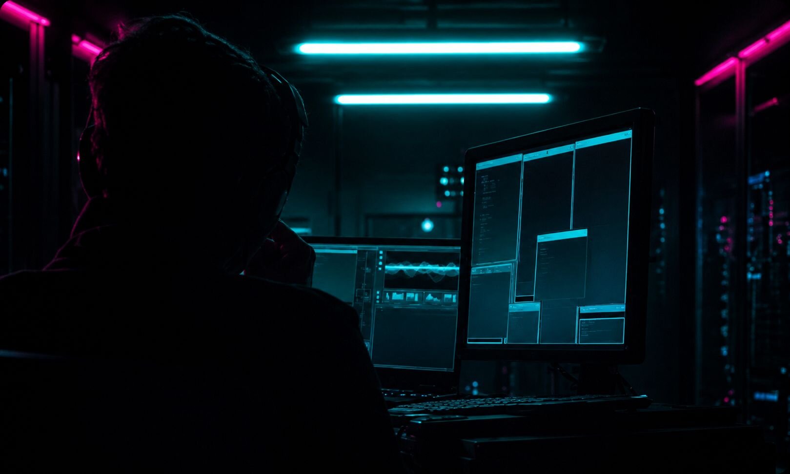 Hacker facing computer