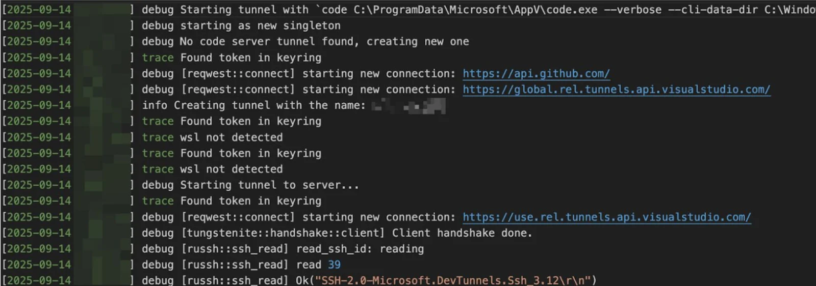 VS Code logs for tunnel creation.