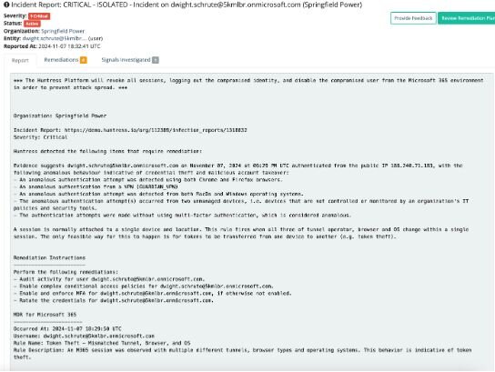 Example of ITDR Incident Report from Huntress flagging a session hijacking attempt