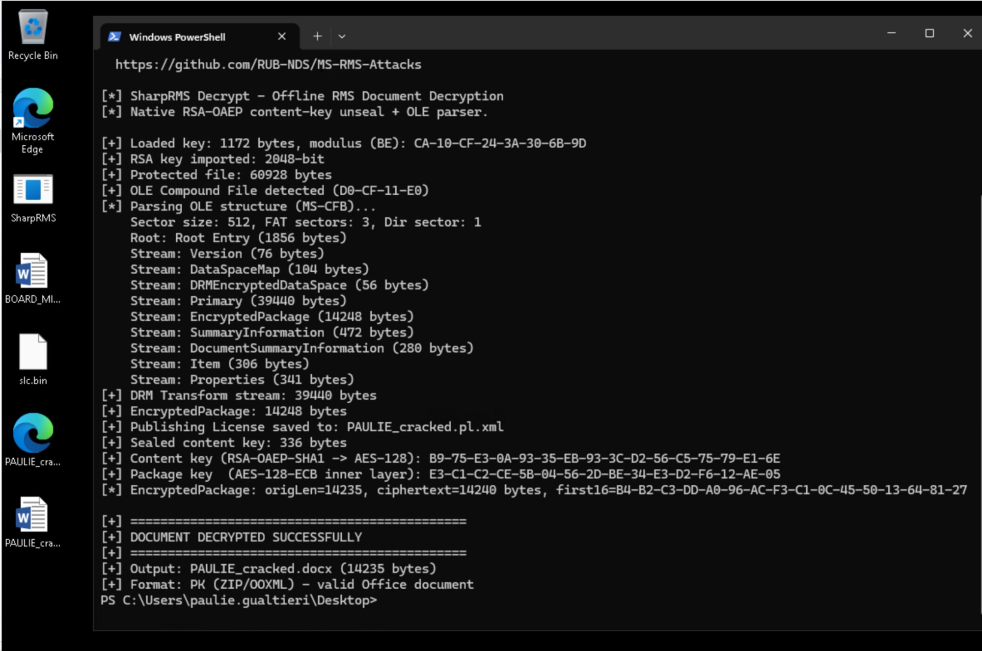 Figure 12: SharpRMS decrypt running as paulie.gualtieri with the supplied slc.bin. The key loads (modulus CA-10-CF-24), the content key and package key unwrap, and the unrestricted PAULIE_cracked.docx drops to the desktop as valid OOXML. No server contact, no credentials, no RMS rights.