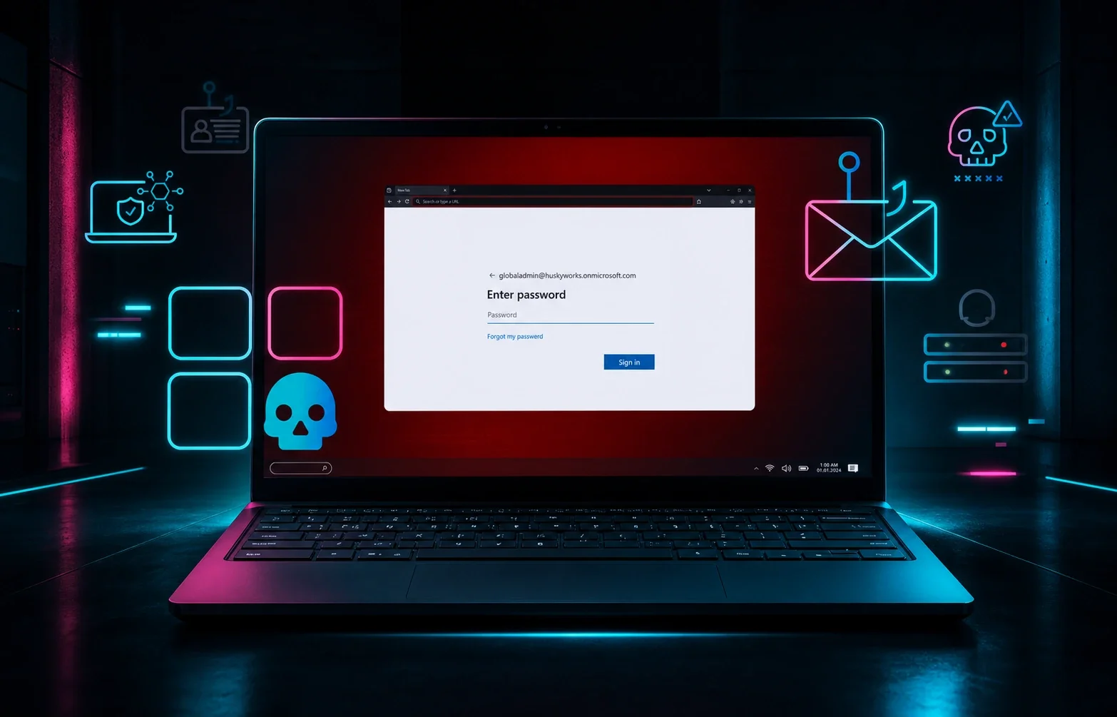 Laptop with threat library icons overlaid