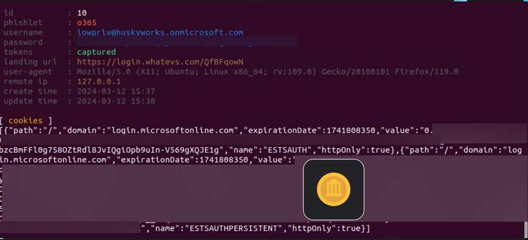 Terminal output of a successful Evilginx attack