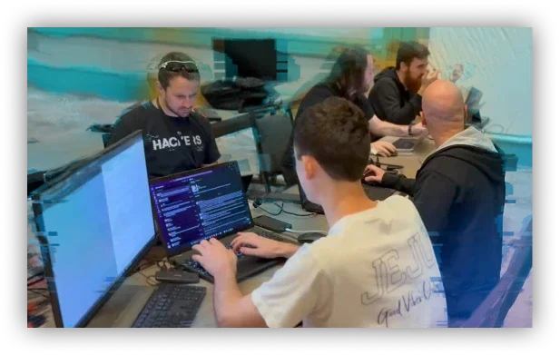 Picture of Huntress SOC employees working around computer screens