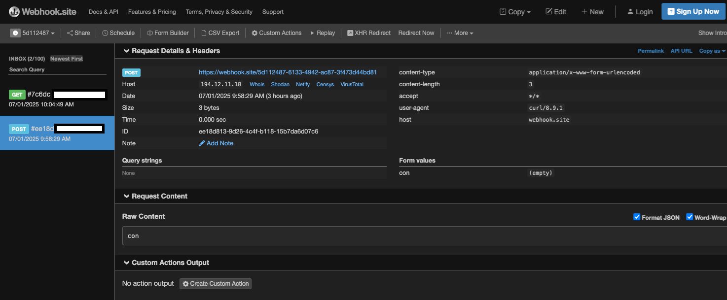 View of webhook showing the victim’s machine had successfully connected