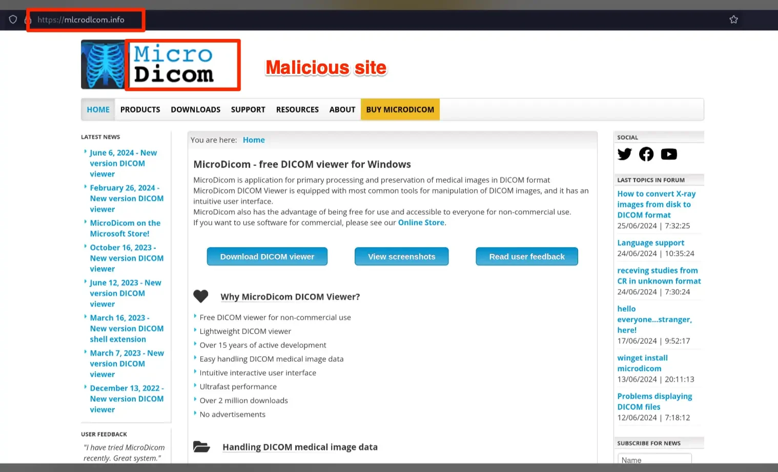 Screenshot of malicious MicroDicom site