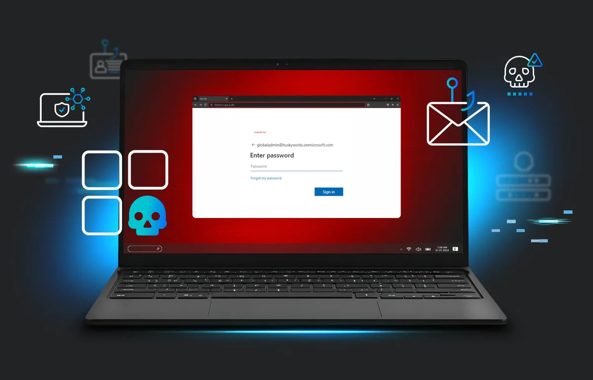 Laptop with threat library icons overlaid