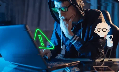 Man staring at laptop with an illuminate caution sign and animated graphic of a puzzled old man