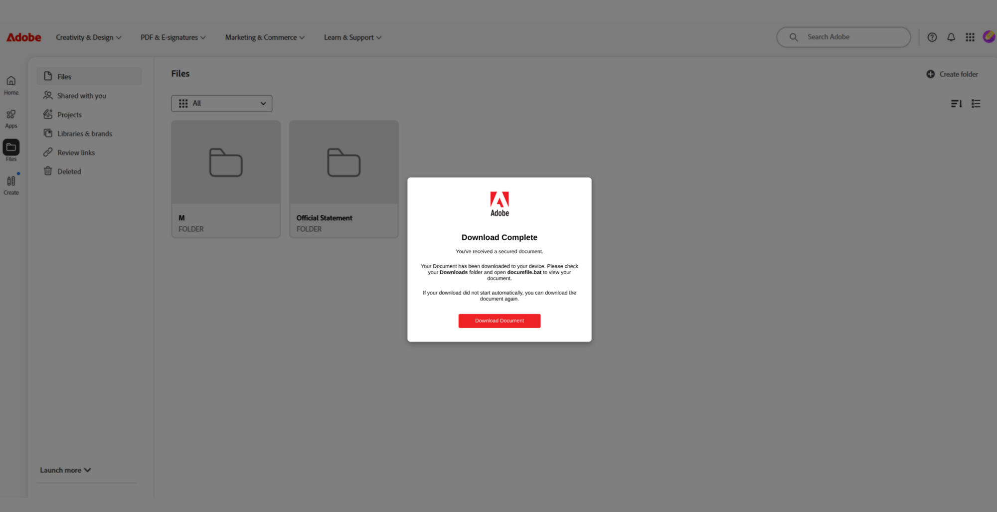 Figure 3: Fake Adobe download complete prompt