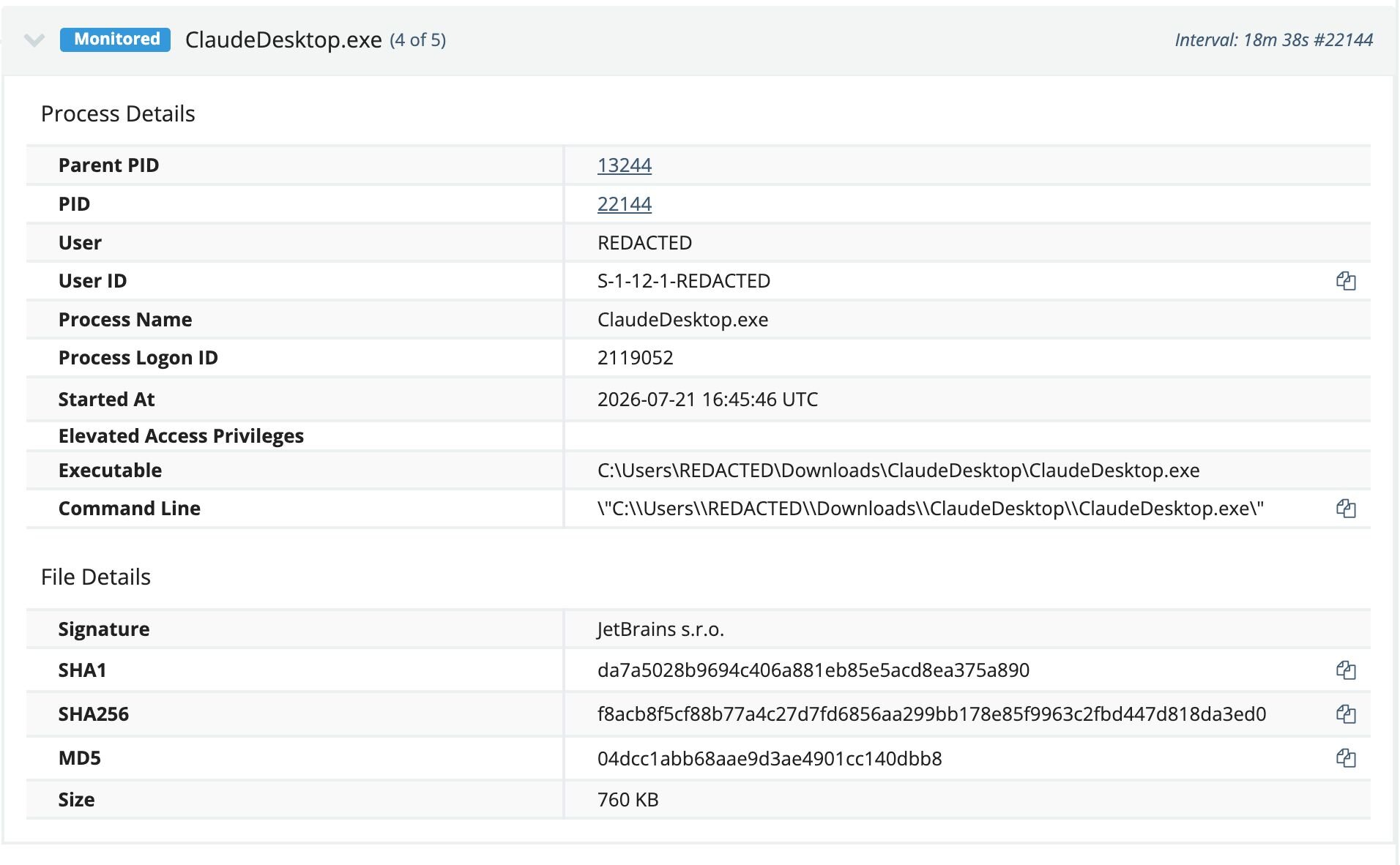 ClaudeDesktop.exe process details (Source : Huntress).