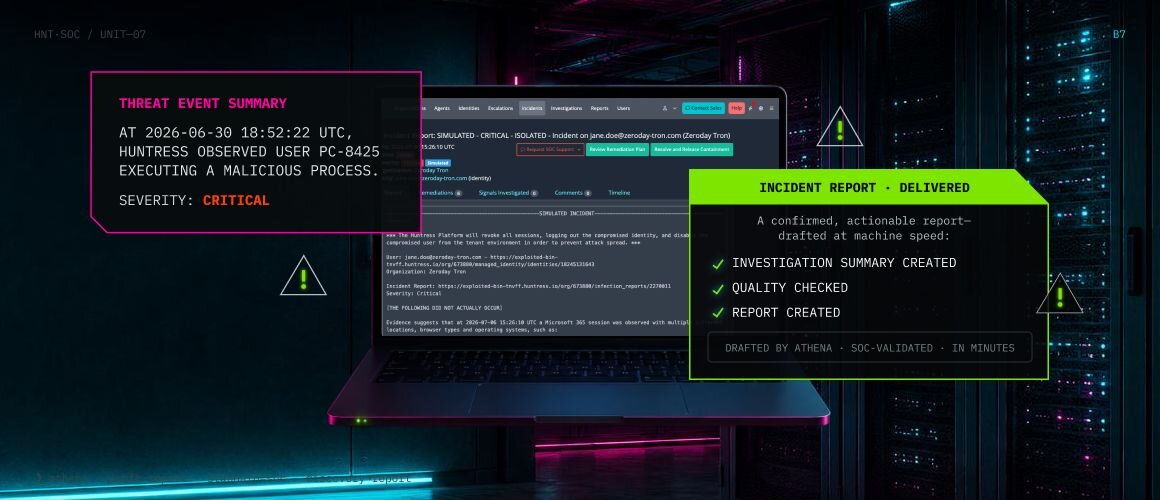 Athena drafting a security incident report at machine speed, shown on a laptop in a SOC