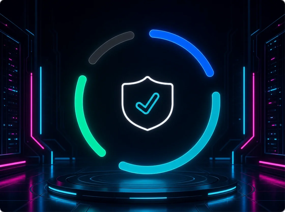 Glowing white shield with checkmark inside neon circular rings on a dark server-room stage
