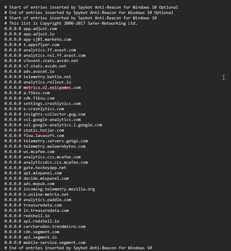 Entries added to the hosts file