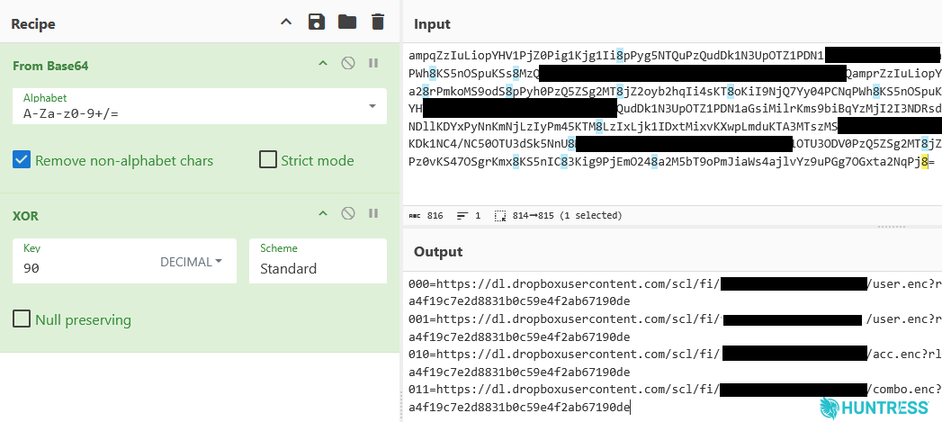 The map.txt file defines a destination URL for one of four different value combinations for the three-bit variable. An AES decryption key is appended to the URI string on each line.