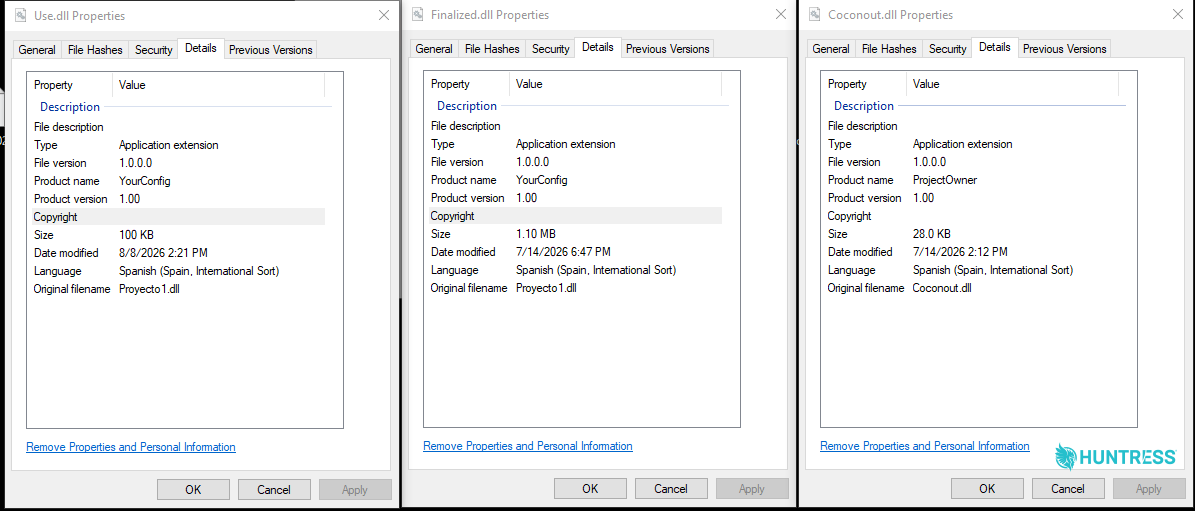 Details from all three DLLs show they were compiled on a Spanish-localized development system
