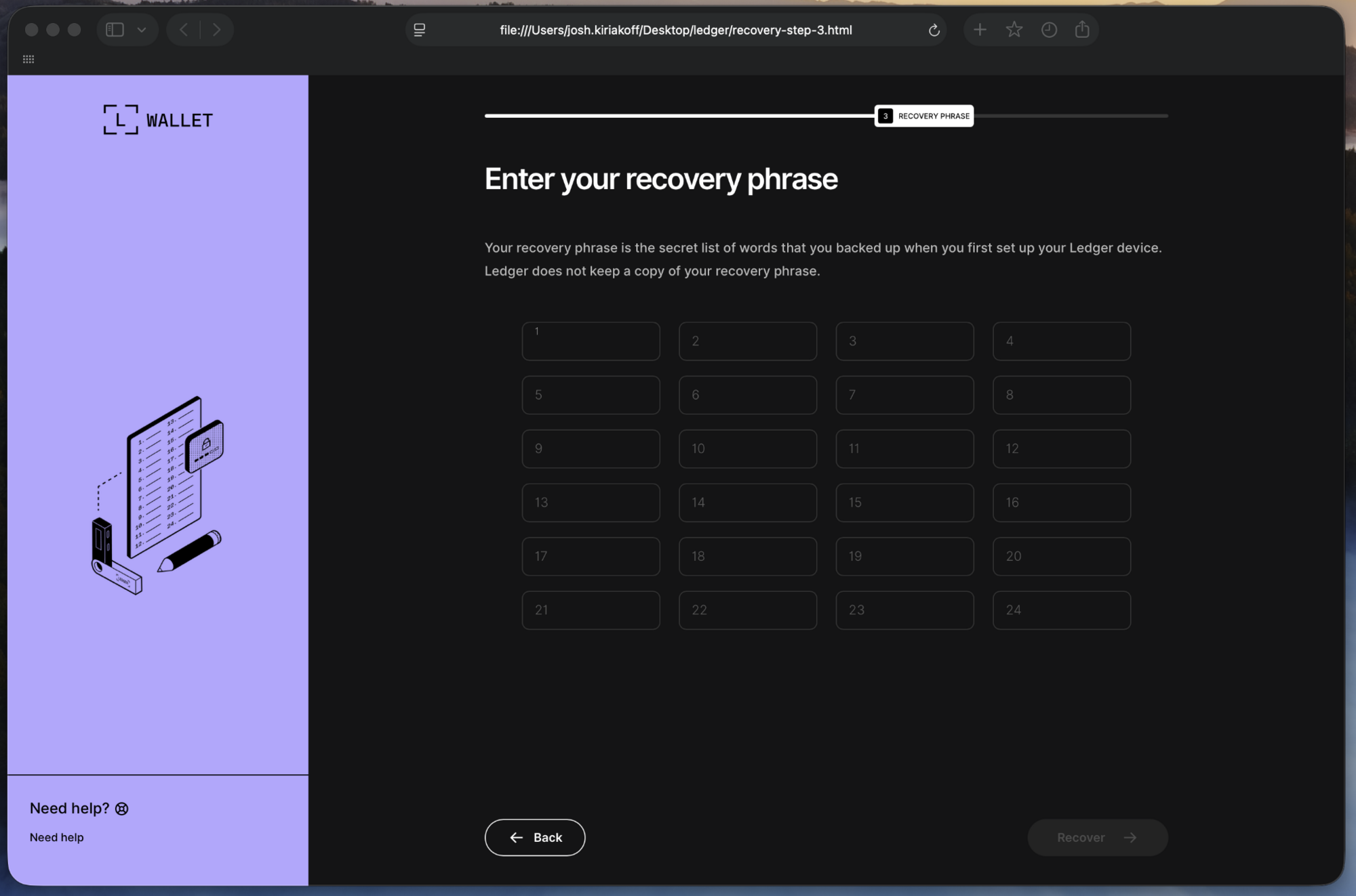 Crypto wallet recovery phrase phishing page reconstructed on an isolated workstation. Exfil host and token removed from HTML (Source : Huntress).