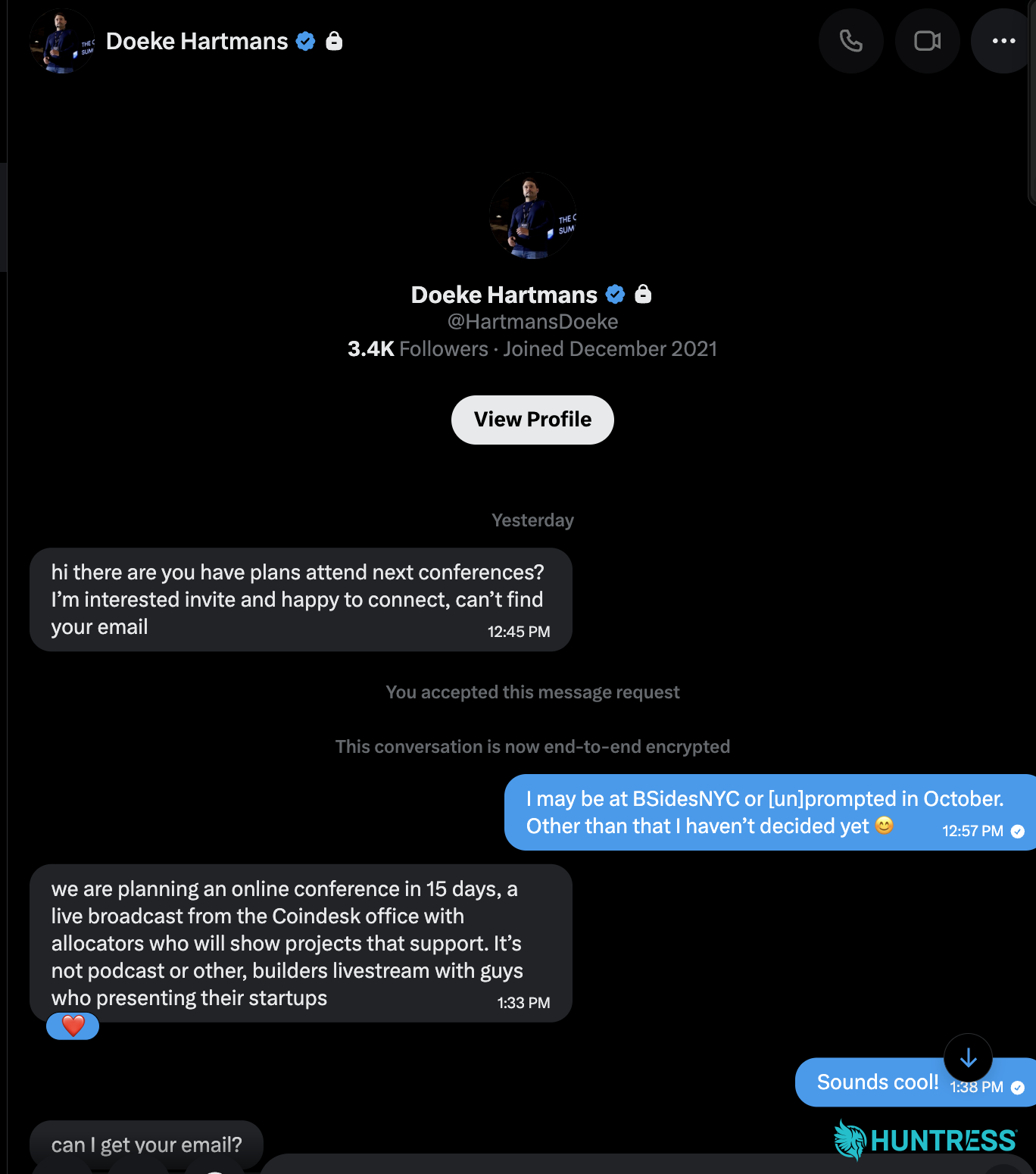 The X account messaging our researcher