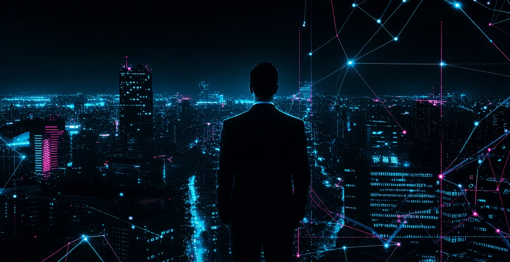 Silhouette of a man looking out over a cityscape with glowing lines in the sky
