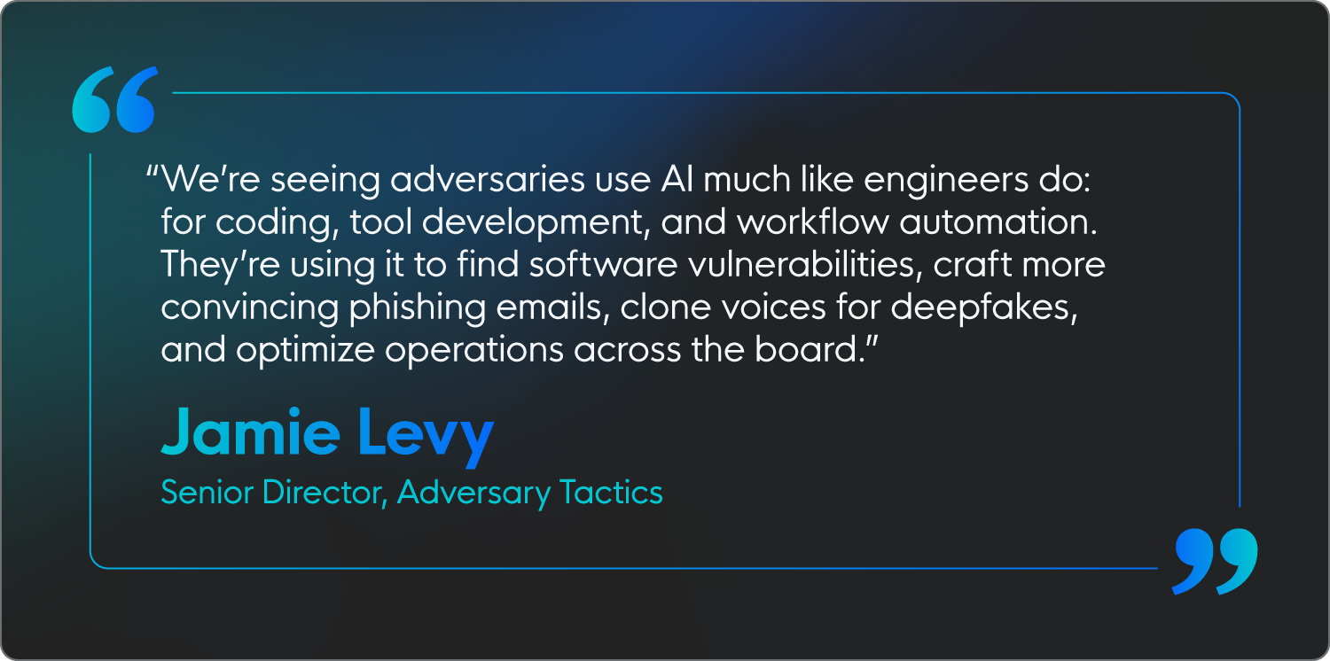 Quote from Senior Director, Adversary Tactics, Jamie Levy, on AI trends and how attackers are using AI much like engineers do.