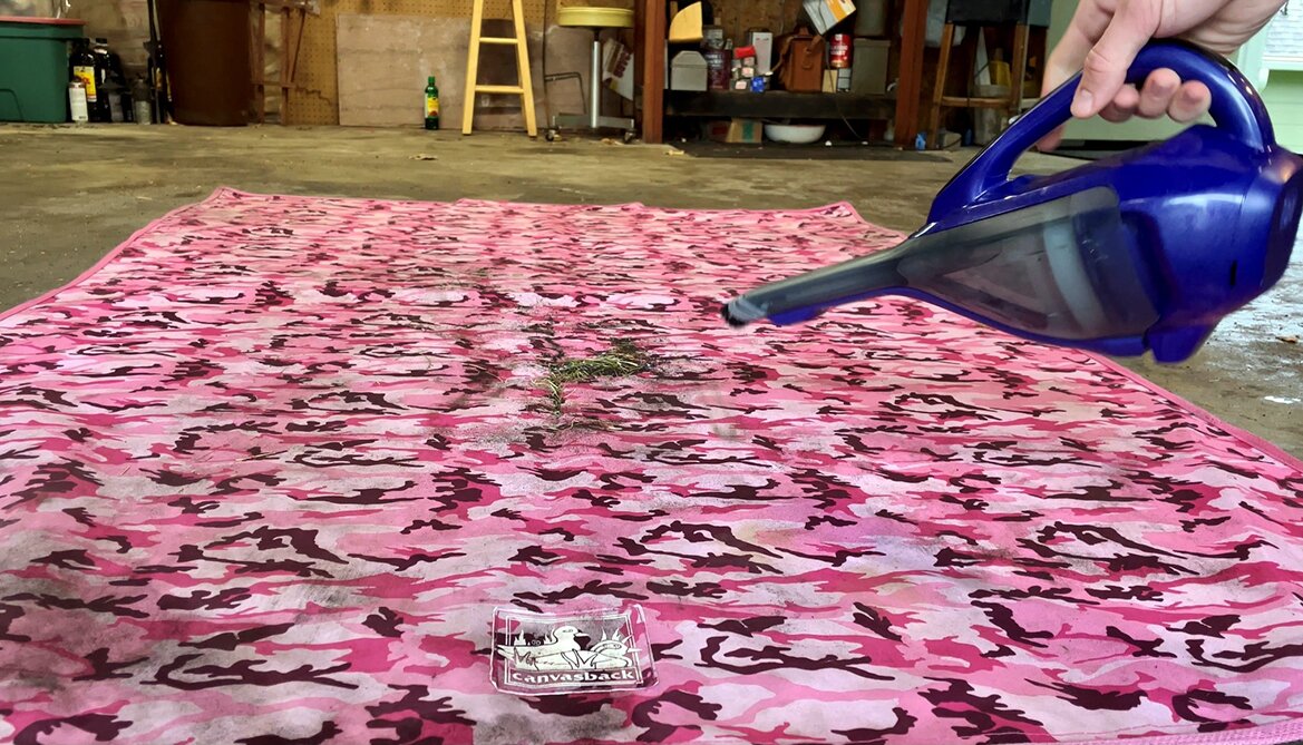 Water repellant Camo Canvasback fabric close up with water droplets