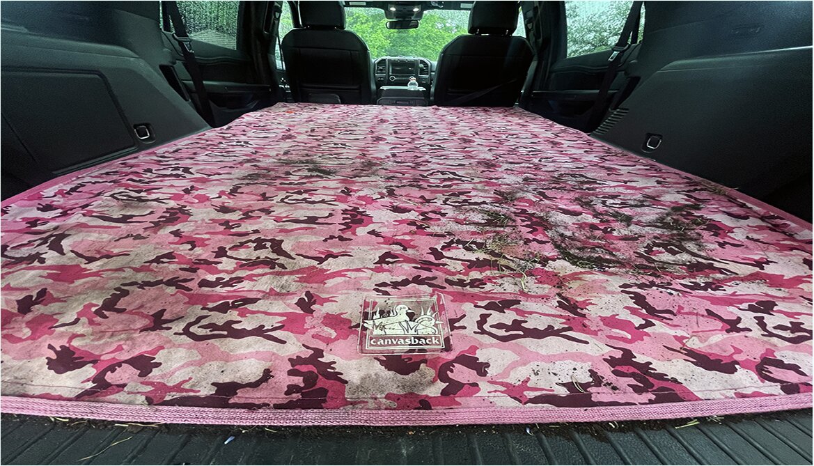 Water repellant Camo Canvasback fabric close up with water droplets