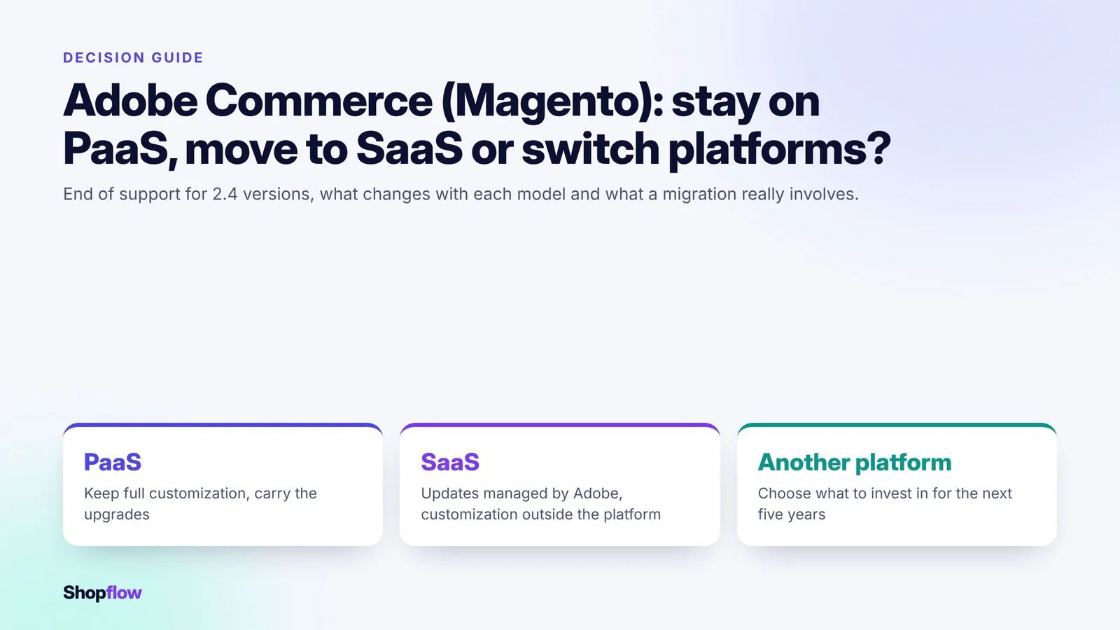Adobe Commerce (Magento) : rester en PaaS, passer au SaaS ou changer de plateforme. Trois voies : PaaS, SaaS ou autre plateforme