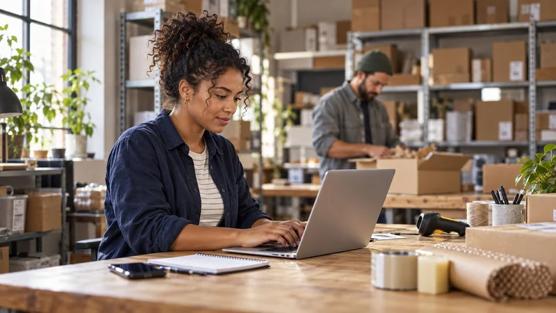 Woman preparing a customer reply on her laptop in a stockroom full of boxes while a colleague packs an order