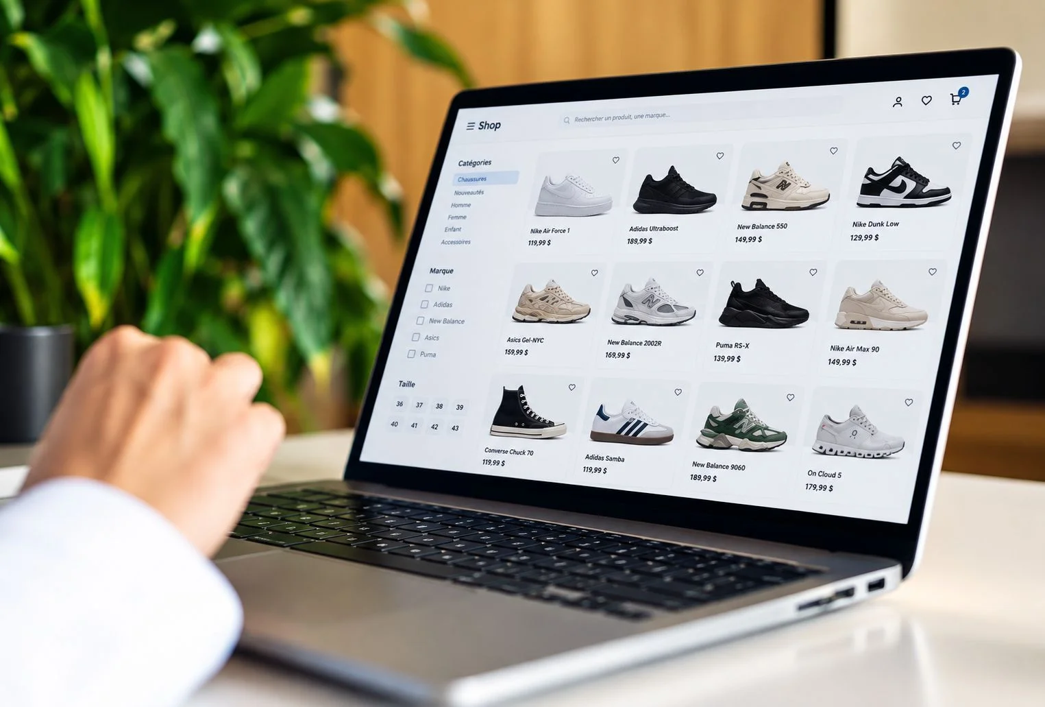 Ordinateur portable affichant une boutique en ligne de chaussures, avec filtres par catégorie, marque et taille, sur un bureau près d'une plante