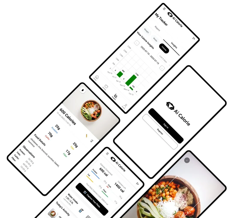 AiCalorie app interface showing comprehensive nutrition analysis with multiple device views and detailed meal tracking data