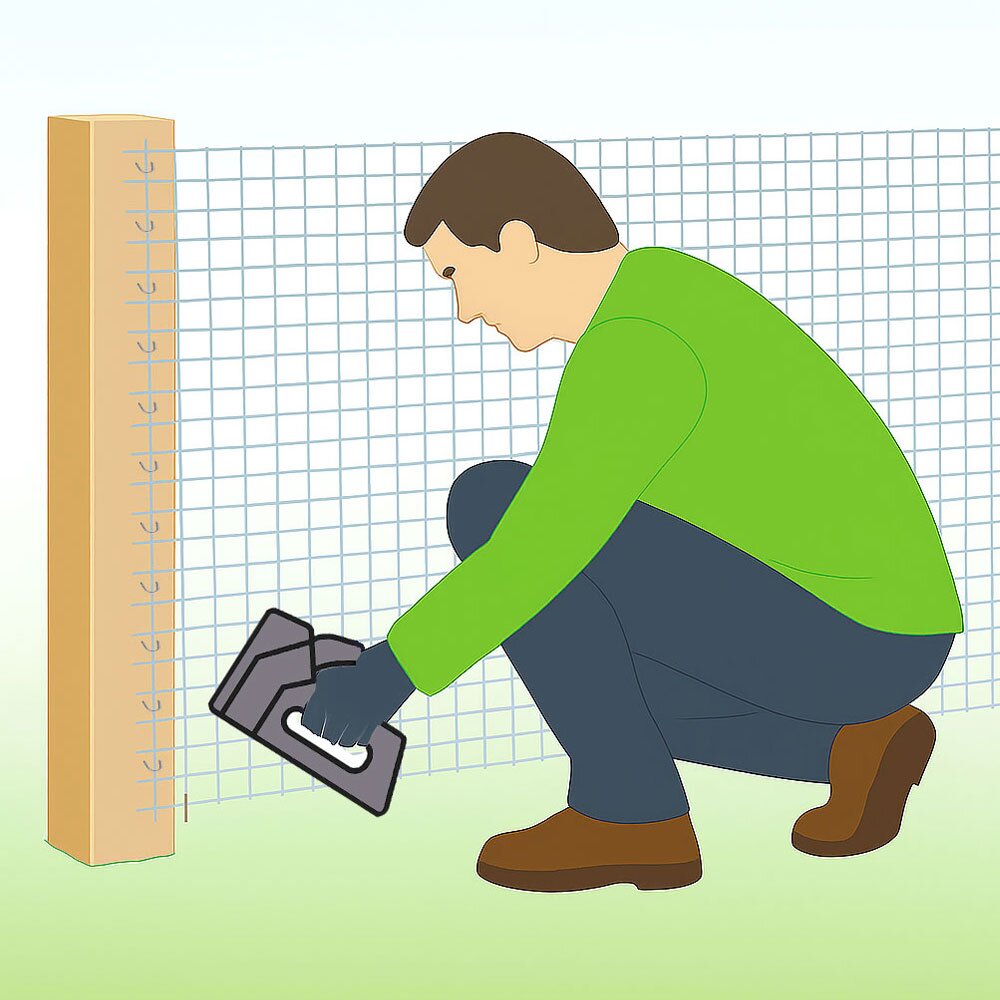 Image showing person fixing mesh to posts