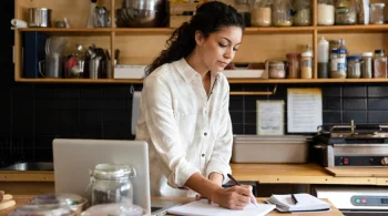 A woman takes notes in a notebook while standing at the counter in her bakery.