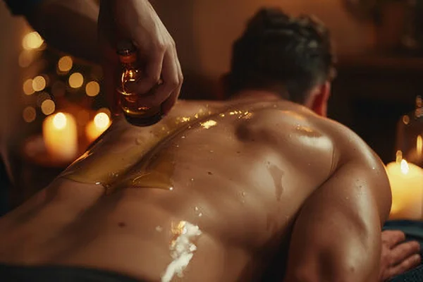 Private sensual shower suite with ambient lighting prepared for an aquatic ritual at Stimulos